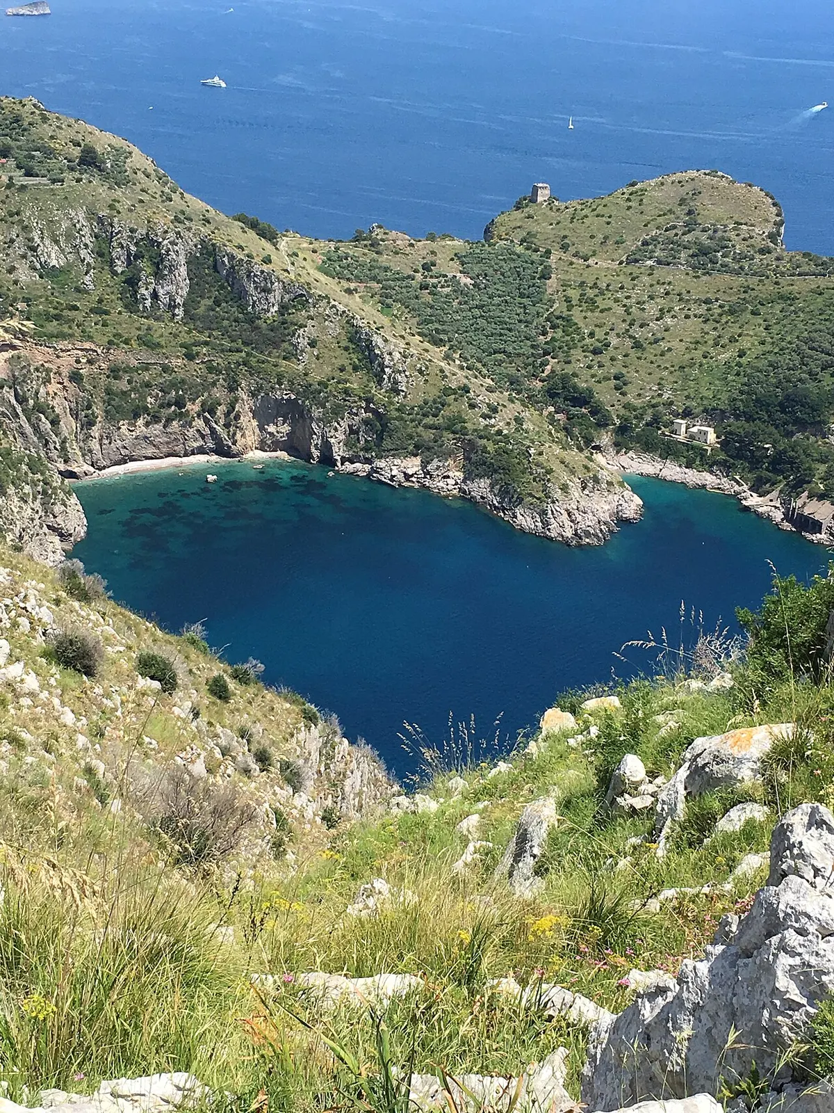 La Baia di Ieranto dall’alto, con la piccola spiaggia e il promontorio di Montalto.