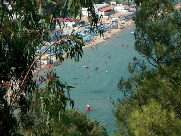 La spiaggia e i lidi di Copanello visti dall’alto attraverso la vegetazione.