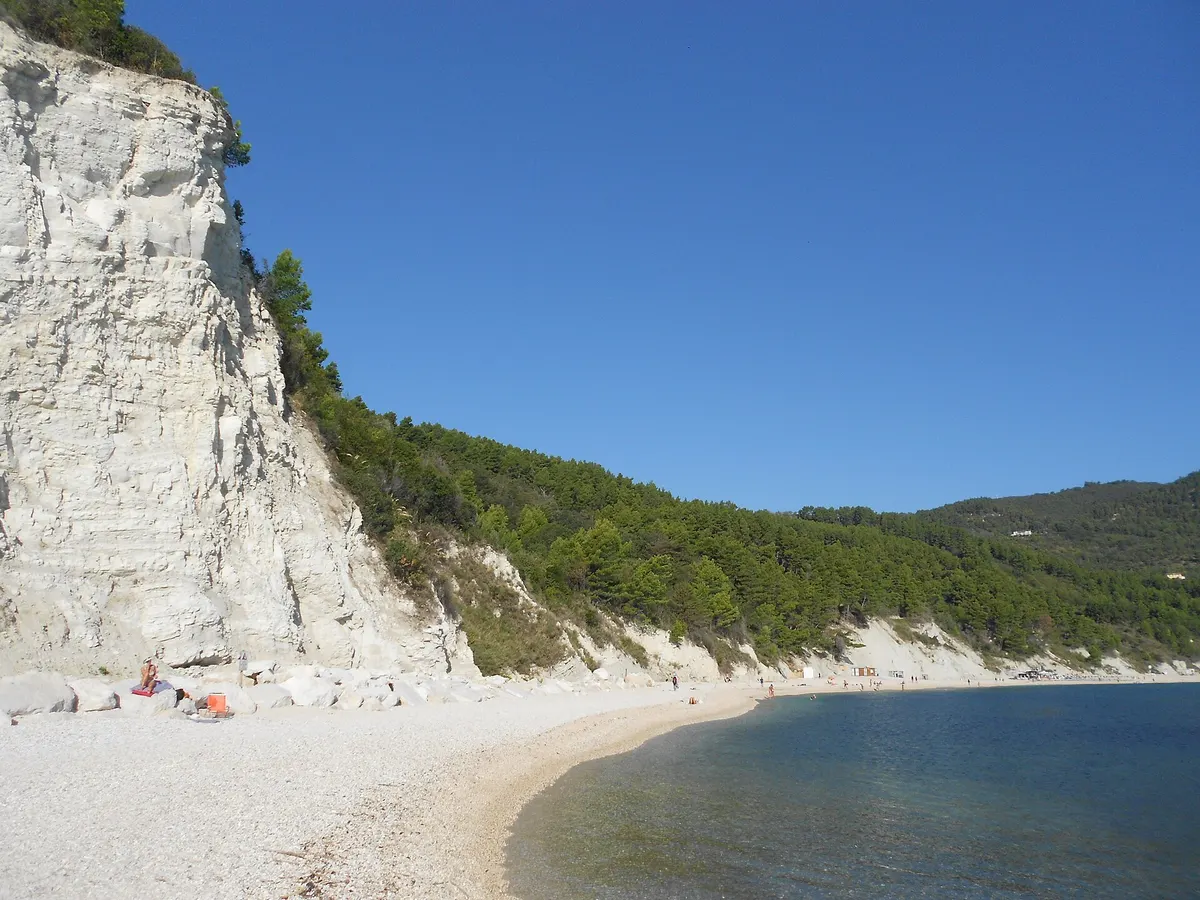 La spiaggia di San Michele a Sirolo sotto le pareti chiare e la vegetazione.